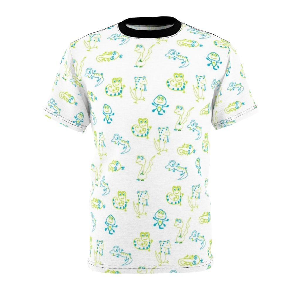 Colorful all-over print t-shirt featuring a fun lizard design