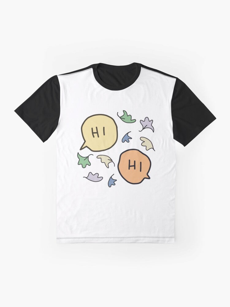 A pastel graphic t-shirt featuring the characters from the popular Heartstopper graphic novels by Alice Oseman. - Flat lay