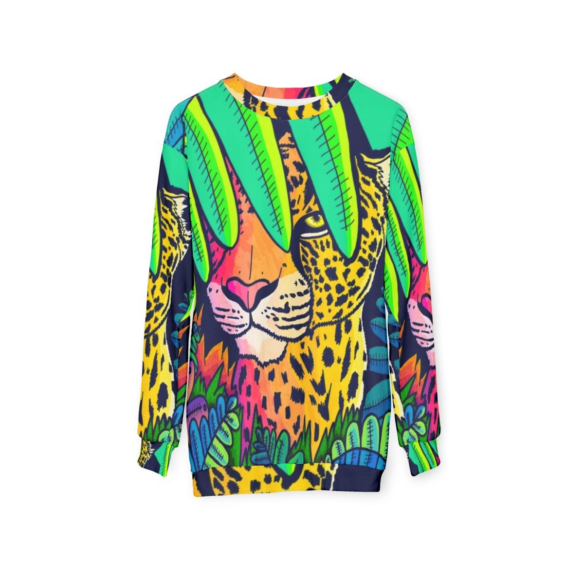 Jungle leopard print sweatshirt with vibrant, nature-inspired design - hanging