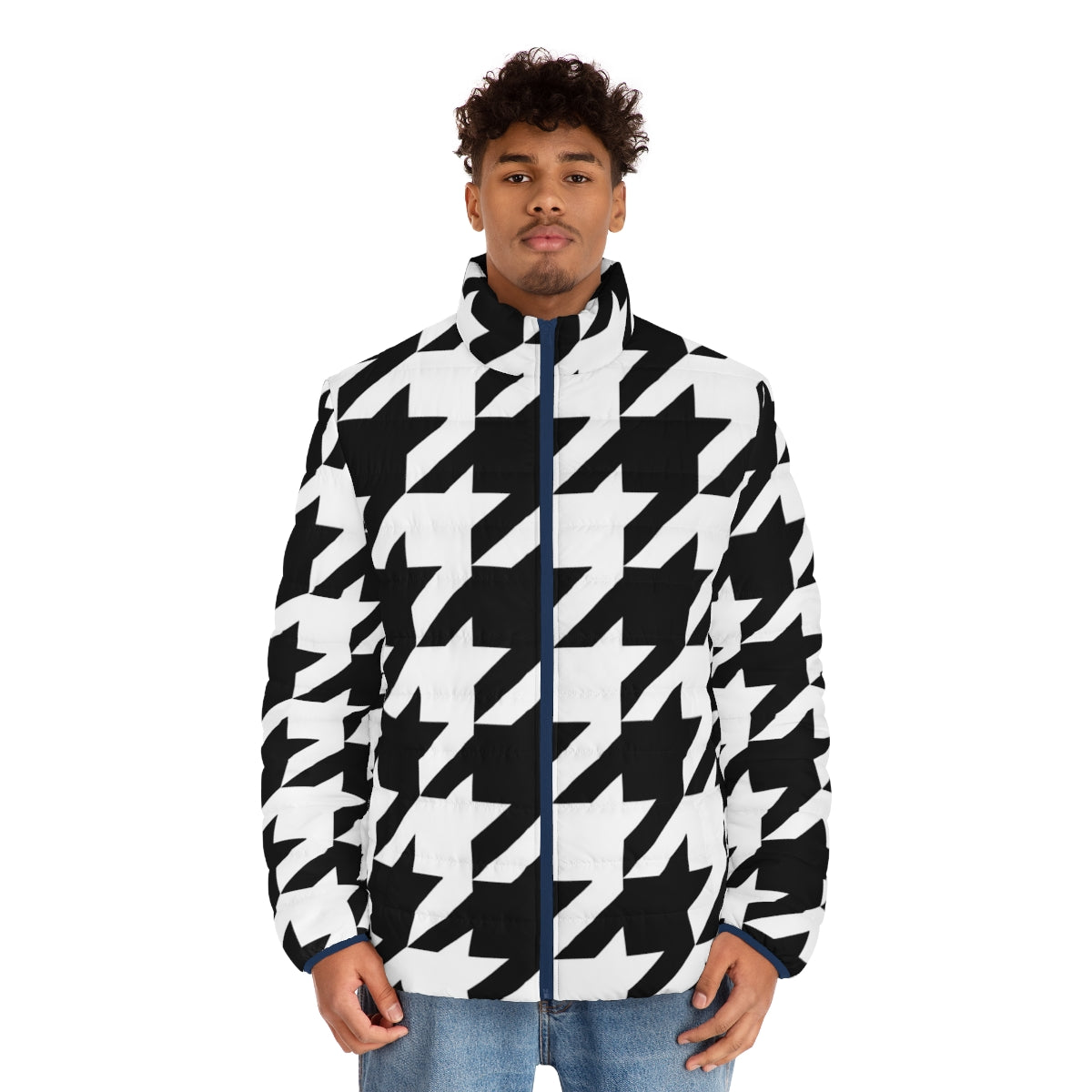 Houndstooth puffer jacket with large print pattern - men front