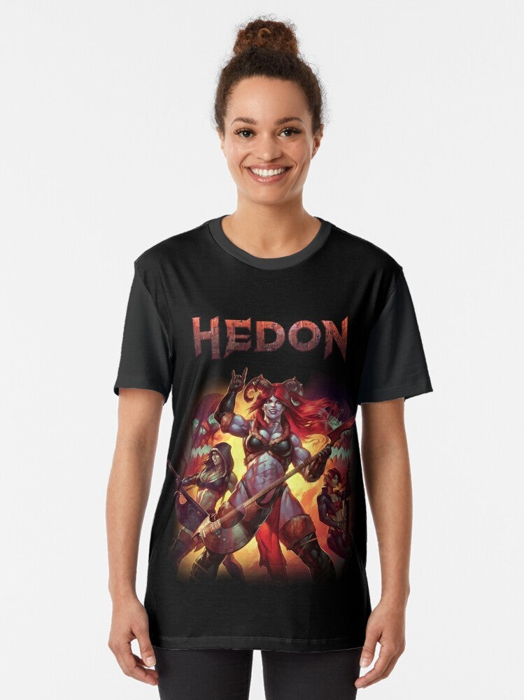 HEDON album cover art graphic t-shirt featuring fantasy characters and elements - Women