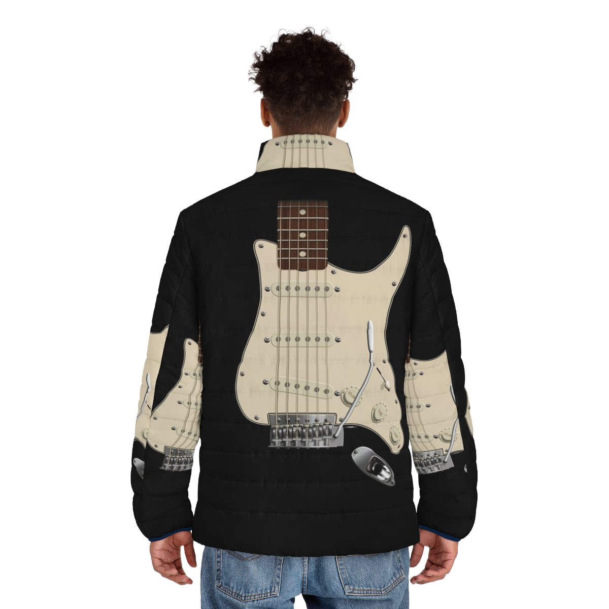 Strat style guitar digital illustration puffer jacket - men back