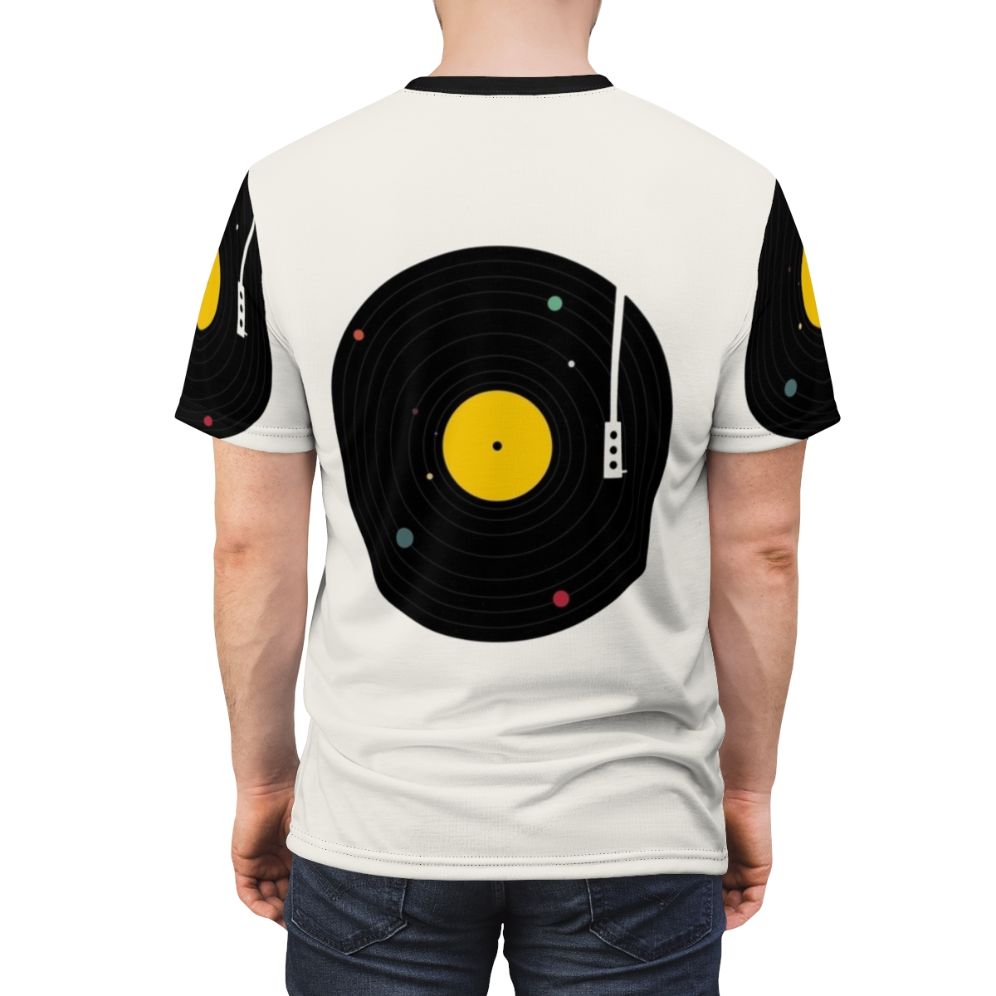 Cosmic music graphic t-shirt featuring a retro record player and planets in a minimalist space design - men back