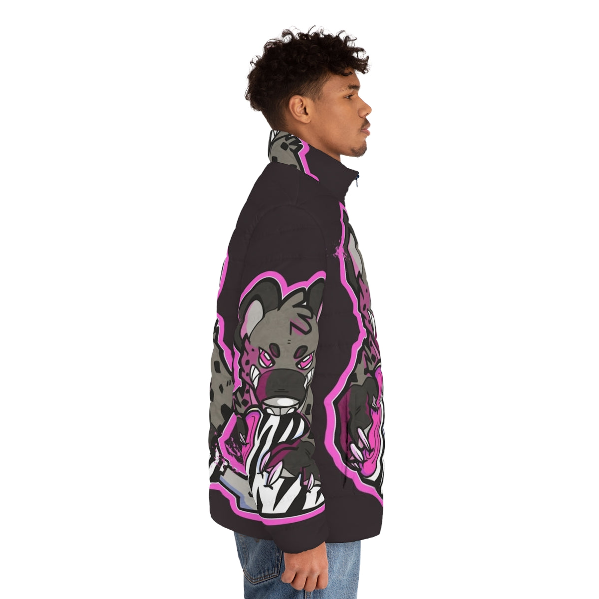 Hyena Puffer Jacket in Vibrant Pink Featuring Furry Detailing - men side right