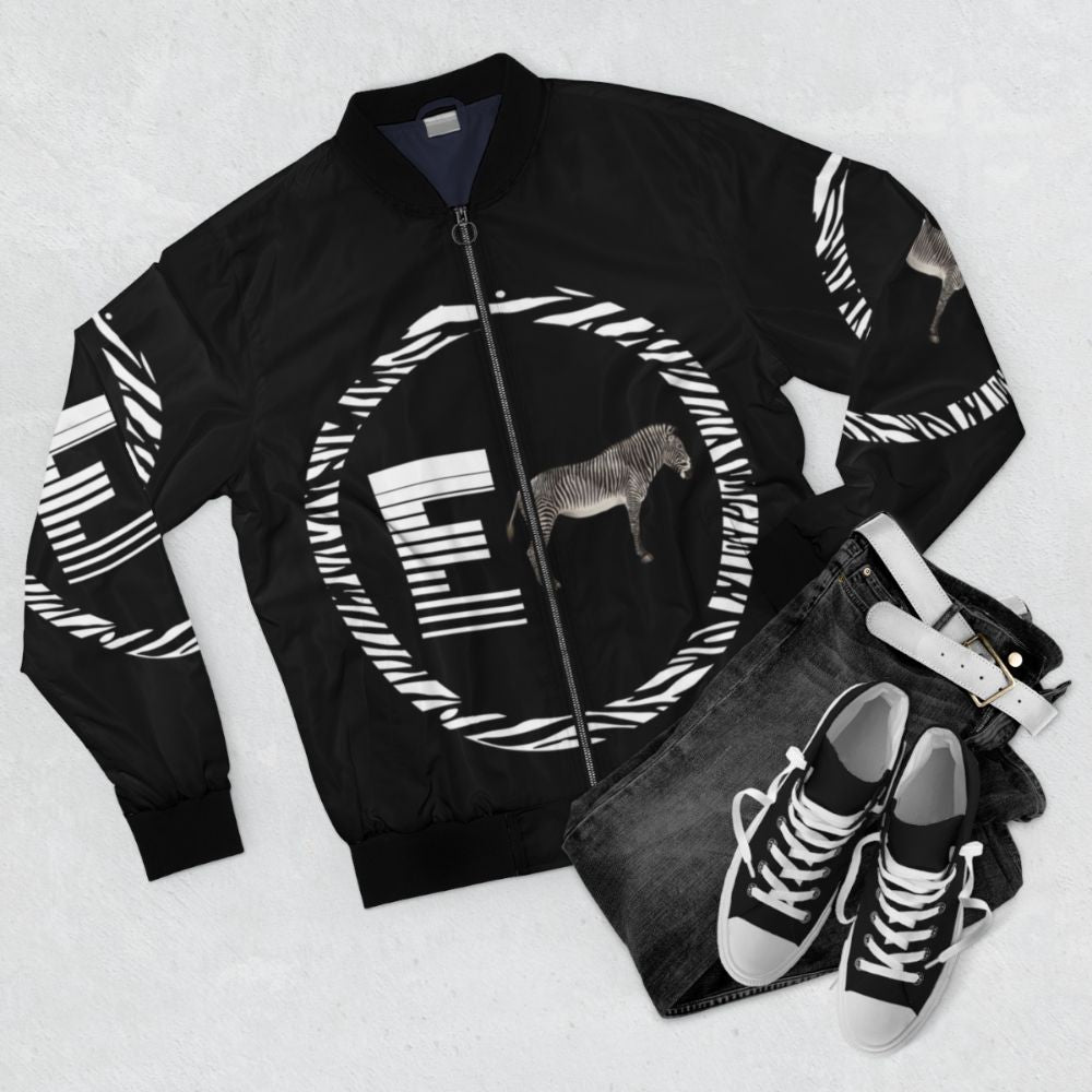 E Zebra Bomber Jacket with Stylish Zebra Print Design - Flat lay