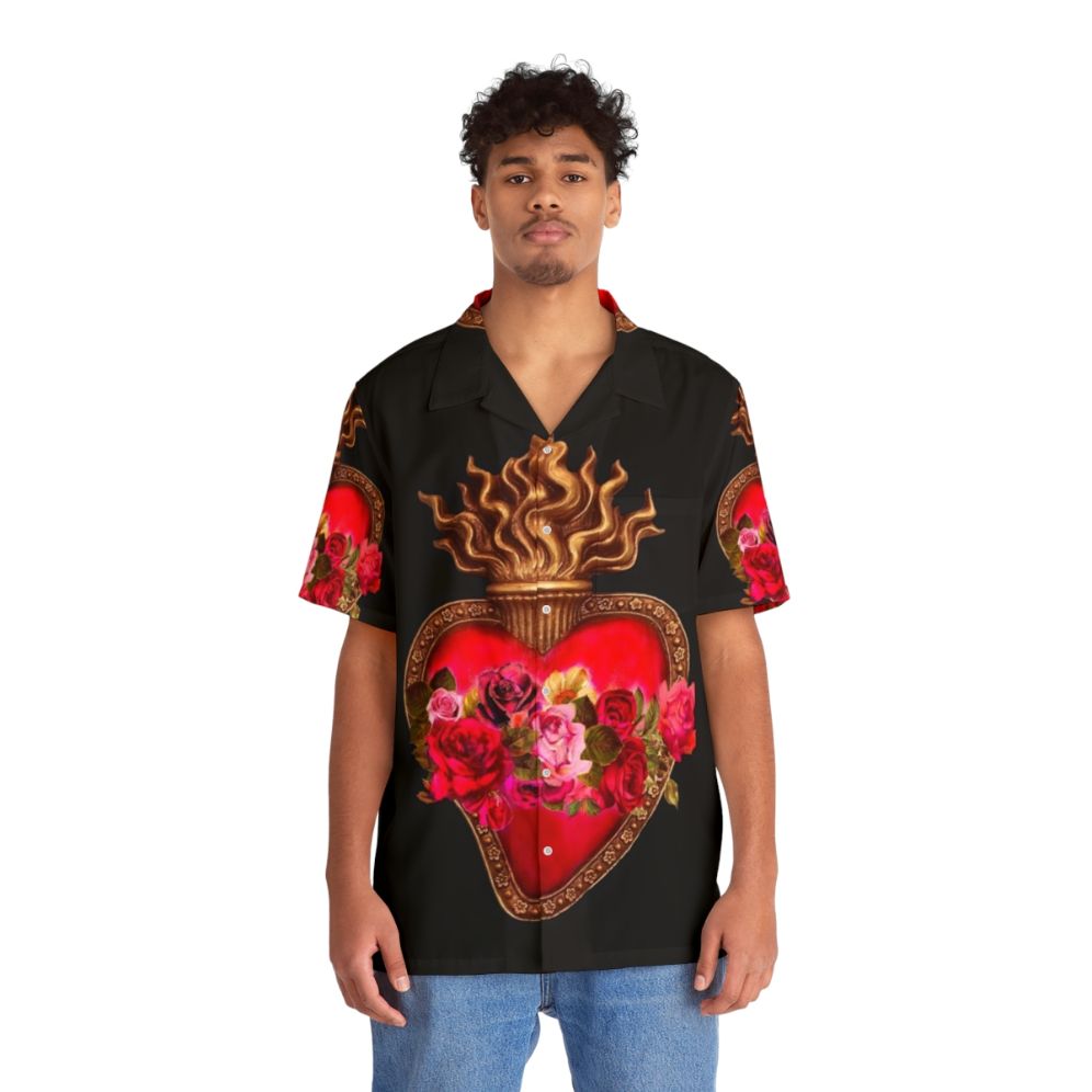 Red Hawaiian shirt with sacred heart and immaculate heart catholic religious art - People Front