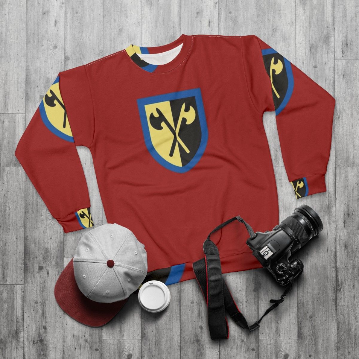 Retro Crusaders Lego Castle Sweatshirt with Crossed Axes Design - flat lay