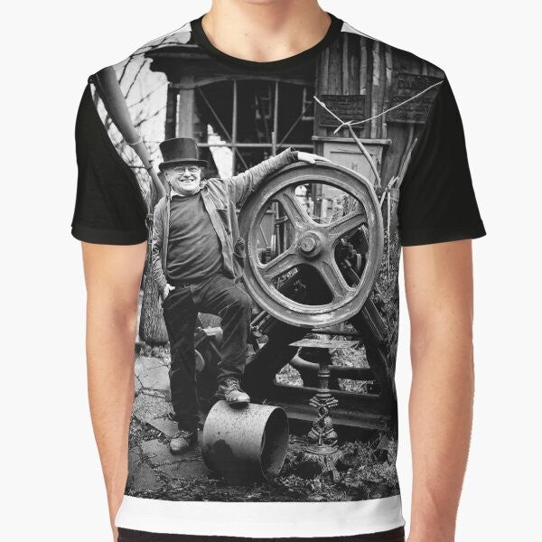 Vintage graphic t-shirt featuring an illustration of Fred Dibnah, a famous English steeplejack and industrial heritage enthusiast.