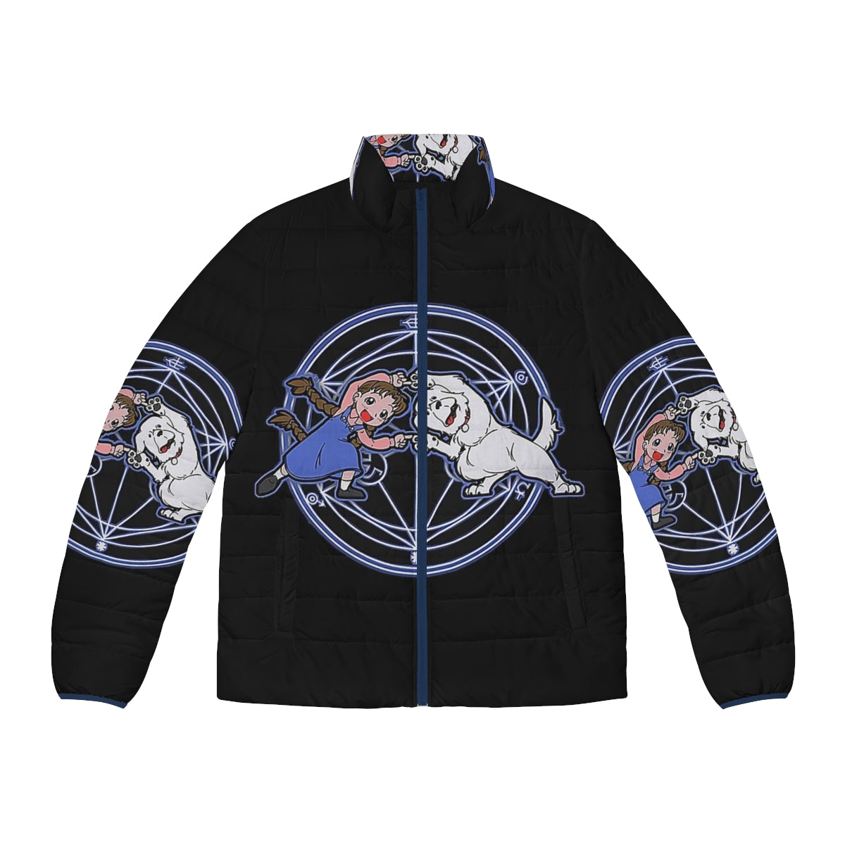 Fullmetal Alchemist anime puffer jacket with character designs and graphics