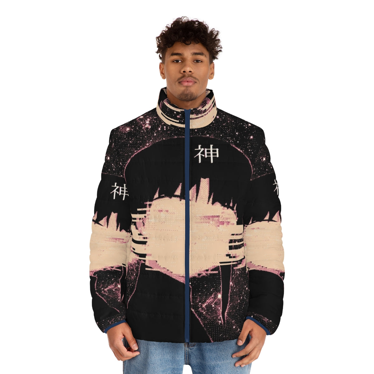 Wired God Futuristic Puffer Jacket with space, stars, and glitch art design - men front