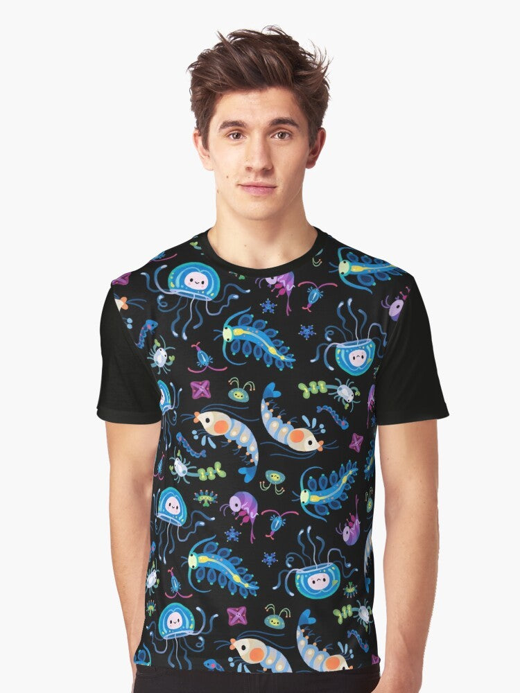 Graphic t-shirt featuring colorful illustrations of various zooplankton species, including krill, copepods, jellyfish, and more. - Men