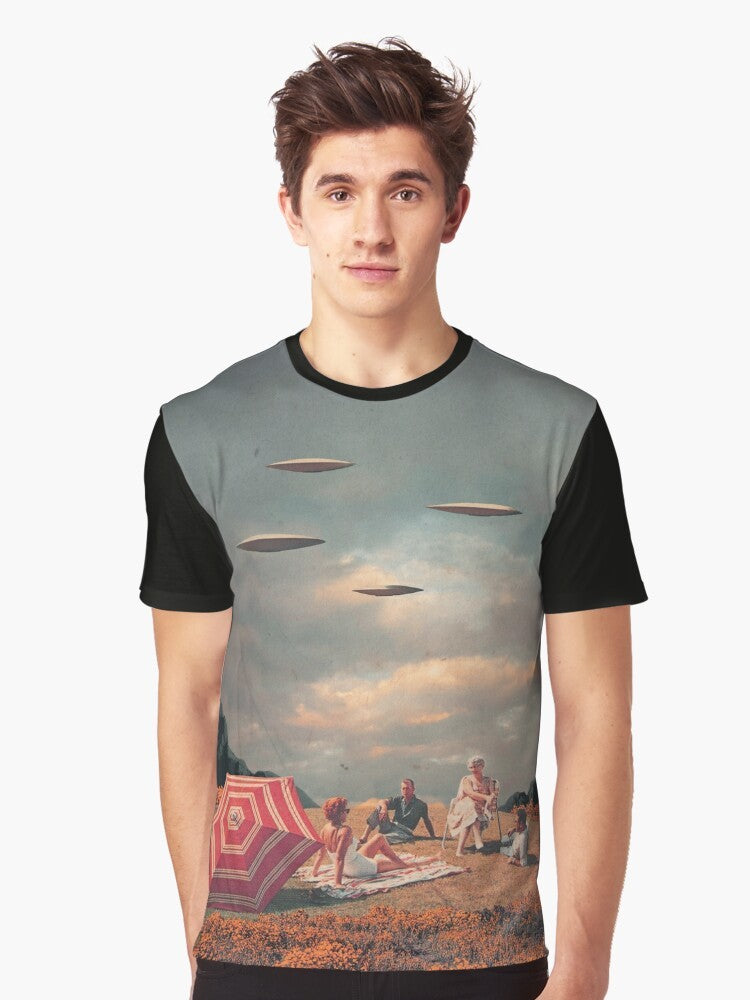 Vintage, retro future graphic t-shirt design featuring a surreal collage of a spaceship, mountains, clouds, and people in a colorful, 1960s-inspired style. - Men