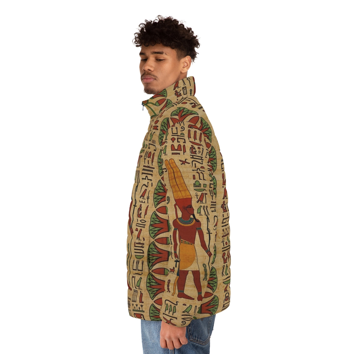 Amun Ra puffer jacket with ancient Egyptian hieroglyphic and papyrus motif - men side left