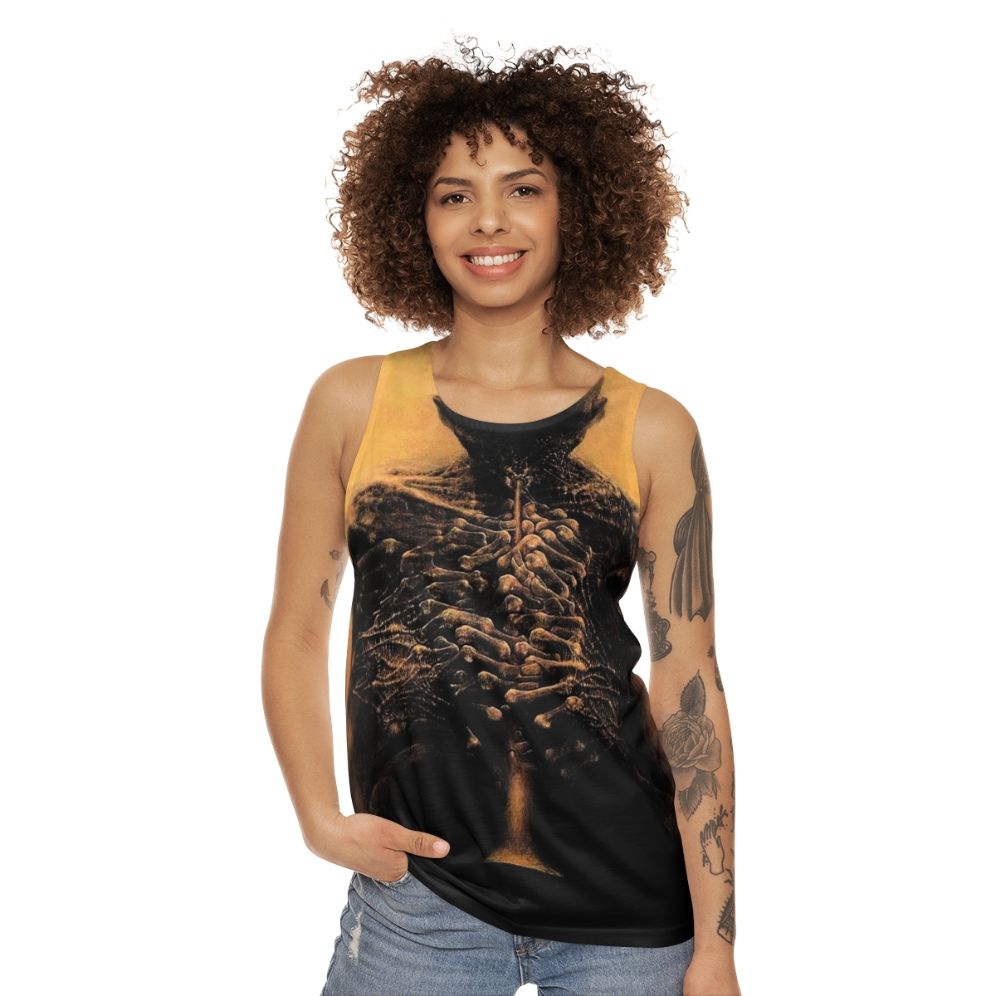 Unisex surrealist tank top with Beksinski's creepy skull artwork - women