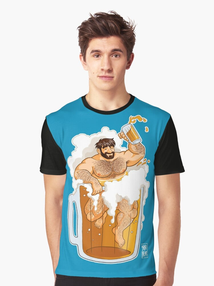 A graphic t-shirt design featuring a bearded, muscular gay bear drinking a big beer. - Men