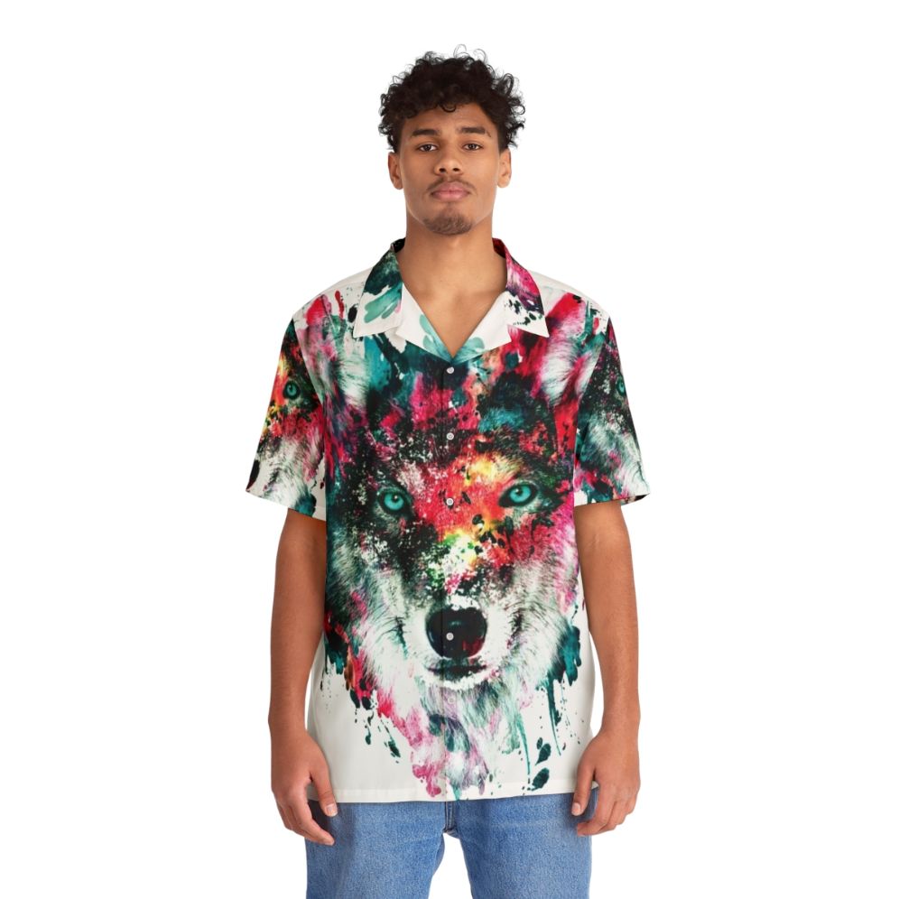 Colorful abstract wolf print Hawaiian shirt - People Front