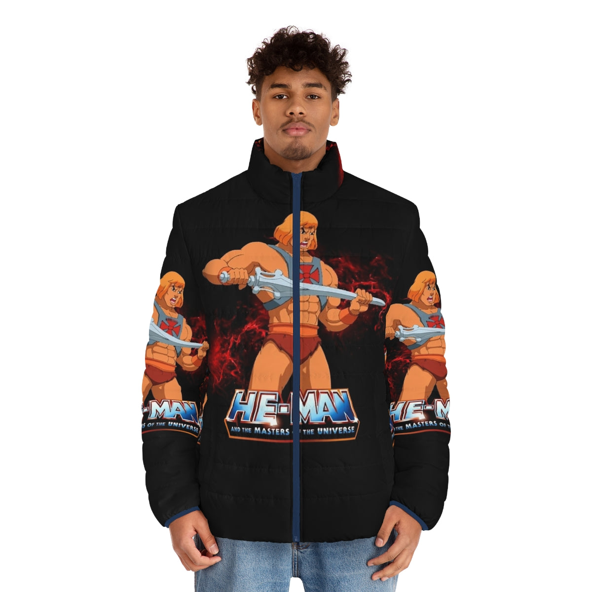 Retro He-Man Masters of the Universe Puffer Jacket with 80s inspired MOTU graphics - men front