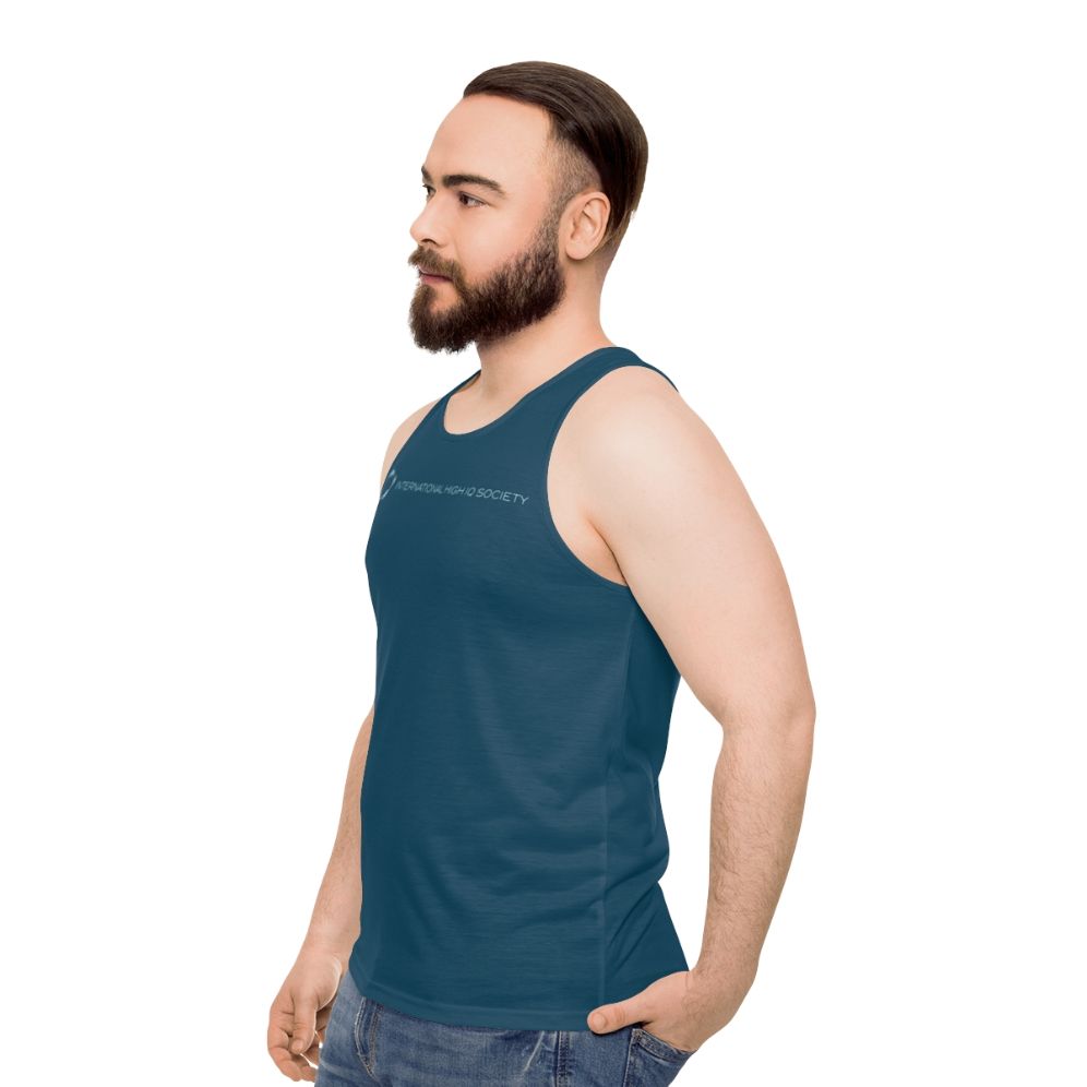 Unisex blue tank top with high IQ society logo - men side