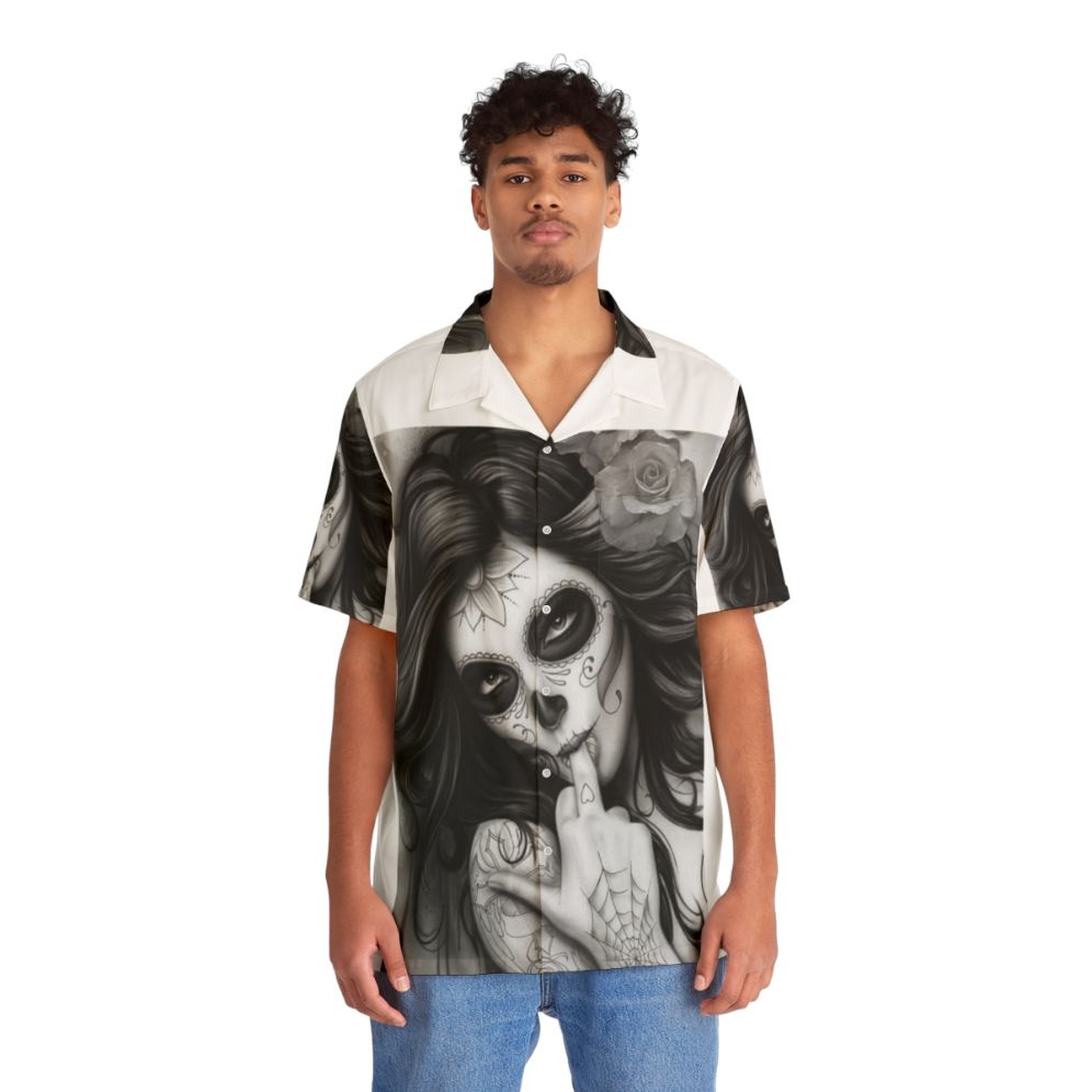 Chicano Style Hawaiian Shirt with Skull and Tattoo Design - People Front