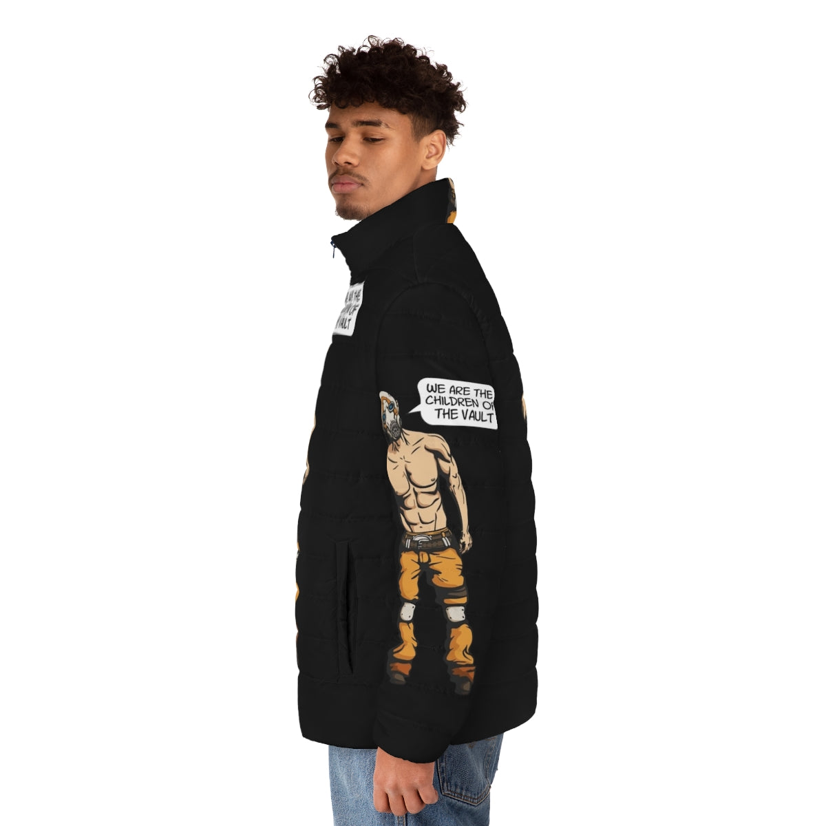 Borderlands inspired "We Are The Children Of The Vault" puffer jacket featuring psycho bandit and vault hunter design - men side left