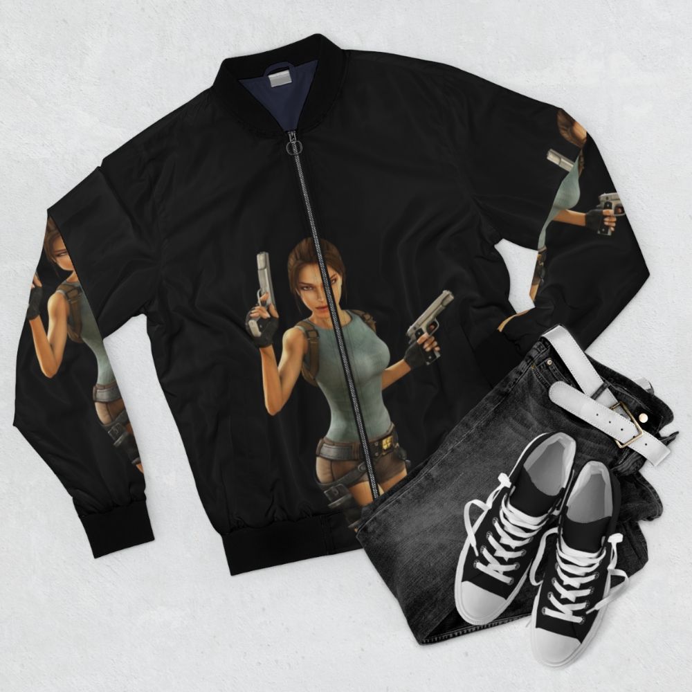 Lara Croft Bomber Jacket - Celebrate the Tomb Raider Anniversary with this stylish and iconic gaming-inspired outerwear - Flat lay