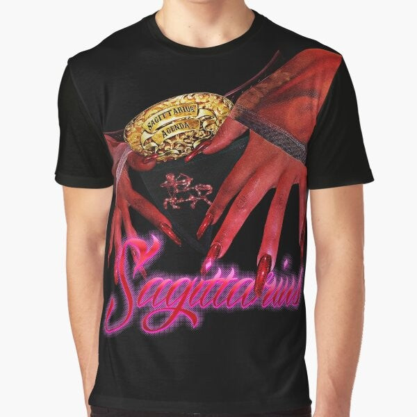 Sagittarius zodiac sign graphic t-shirt with cosmic and galaxy design