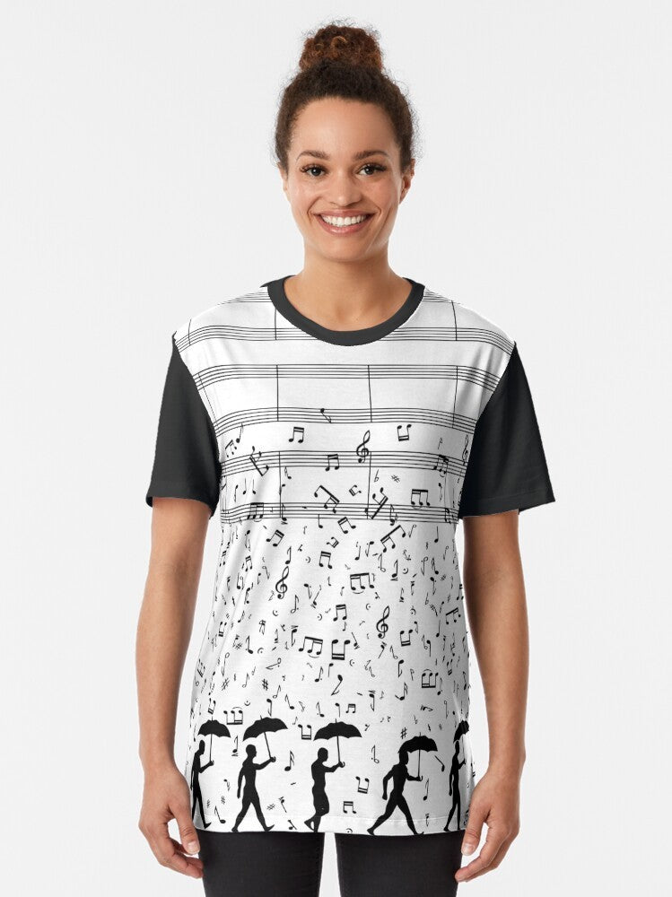 Graphic T-shirt featuring a silhouette of a person singing in the rain, with musical notes and sheets in the background. - Women