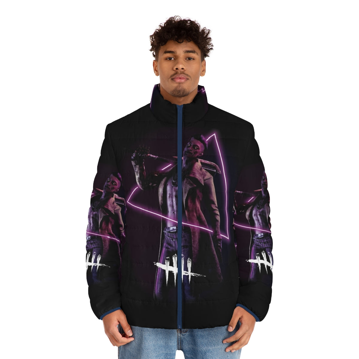 Dark neon puffer jacket with Trickster inspired design, perfect for deadbydaylight fans and gamers - men front