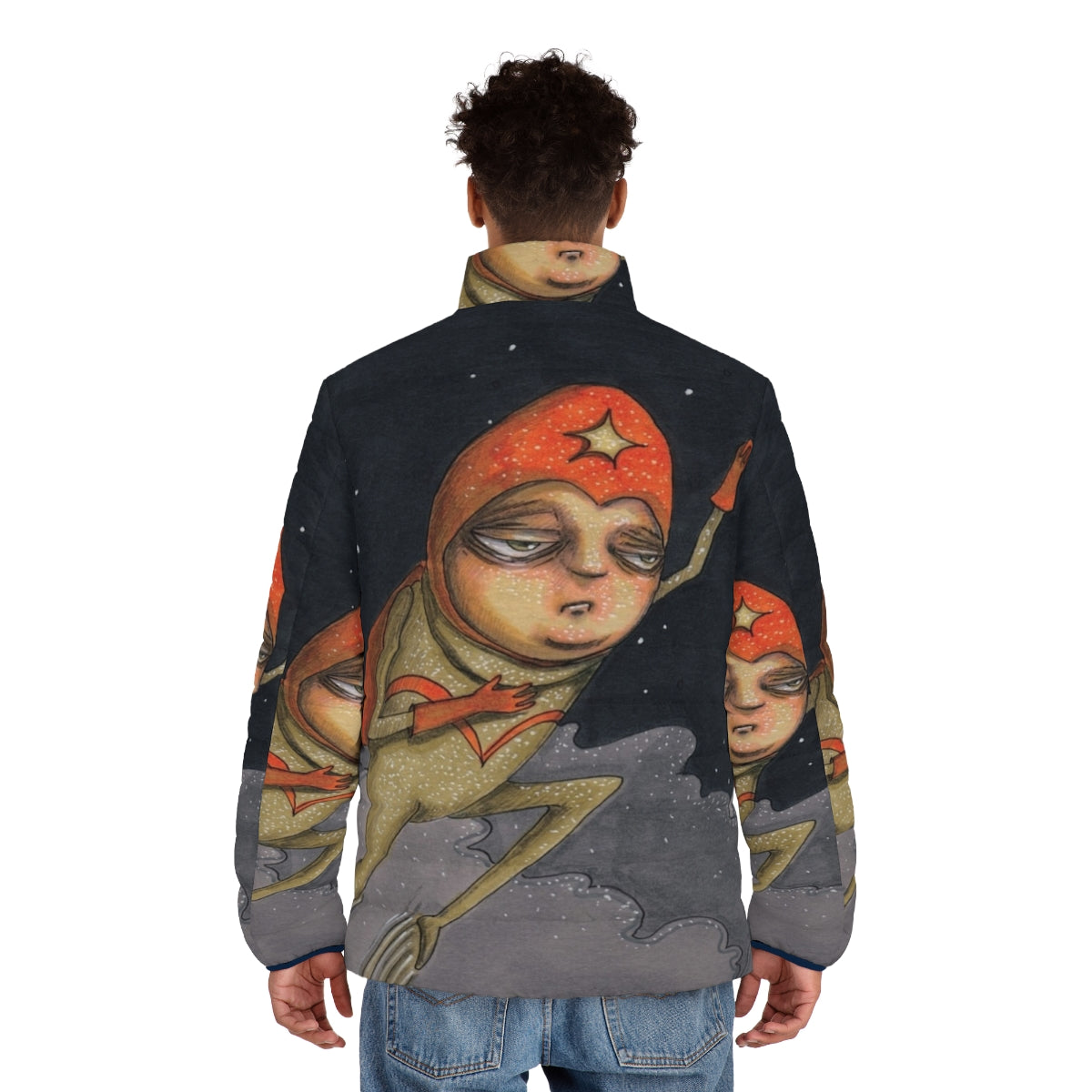 A puffer jacket featuring a hand-drawn superhero design with a cape and bold graphics - men back