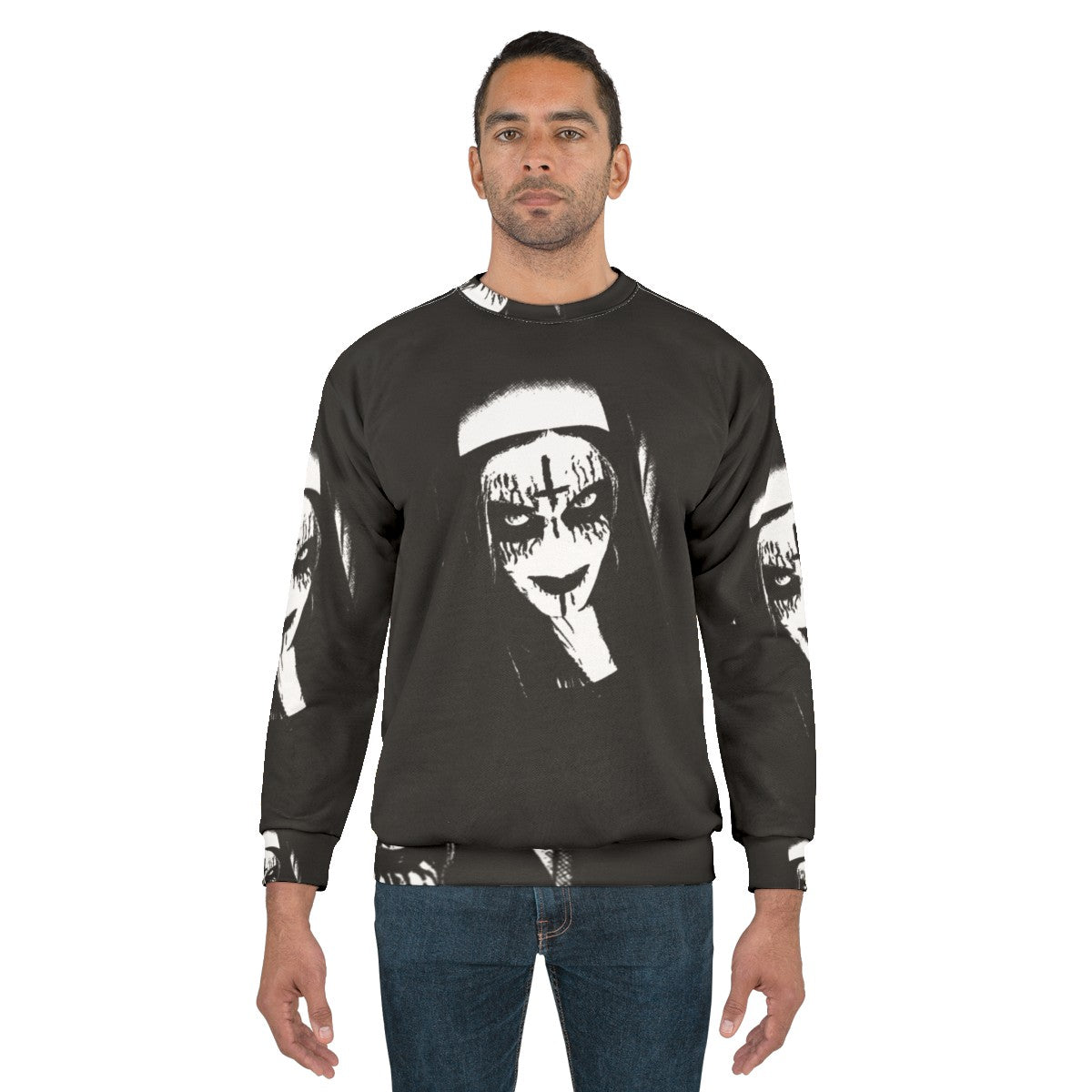 Satanic Sweatshirt with Corpse Paint and Nun Design - men