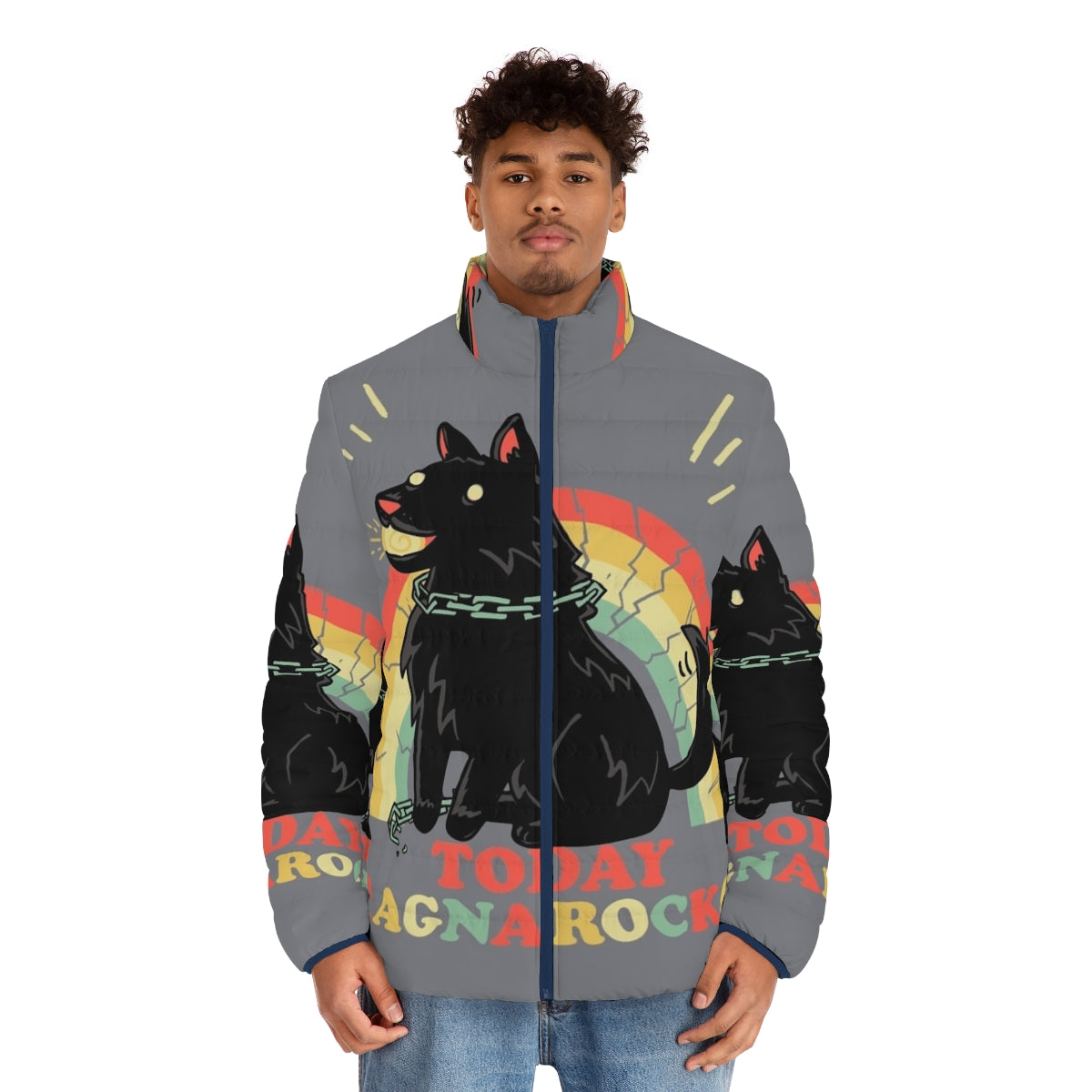 Dog wearing a puffer jacket with Norse mythology inspired design - men front