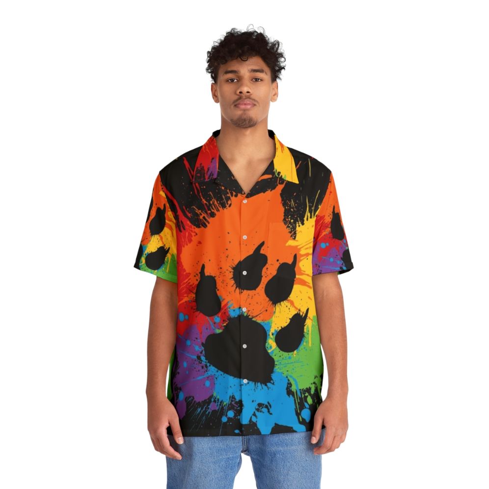 Colorful Hawaiian-style shirt featuring paw prints and rainbow pride design - People Front