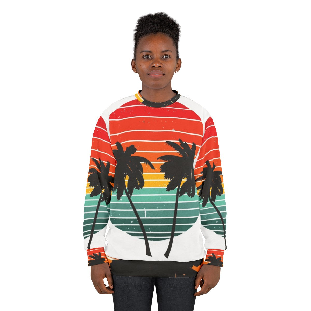 Black summer sweatshirt with vivid tropical palm tree design - women