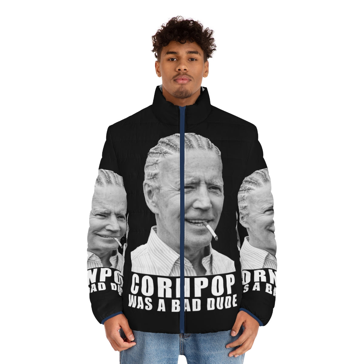 Joe Biden Corn Pop Puffer Jacket featuring hilarious political satire design - men front