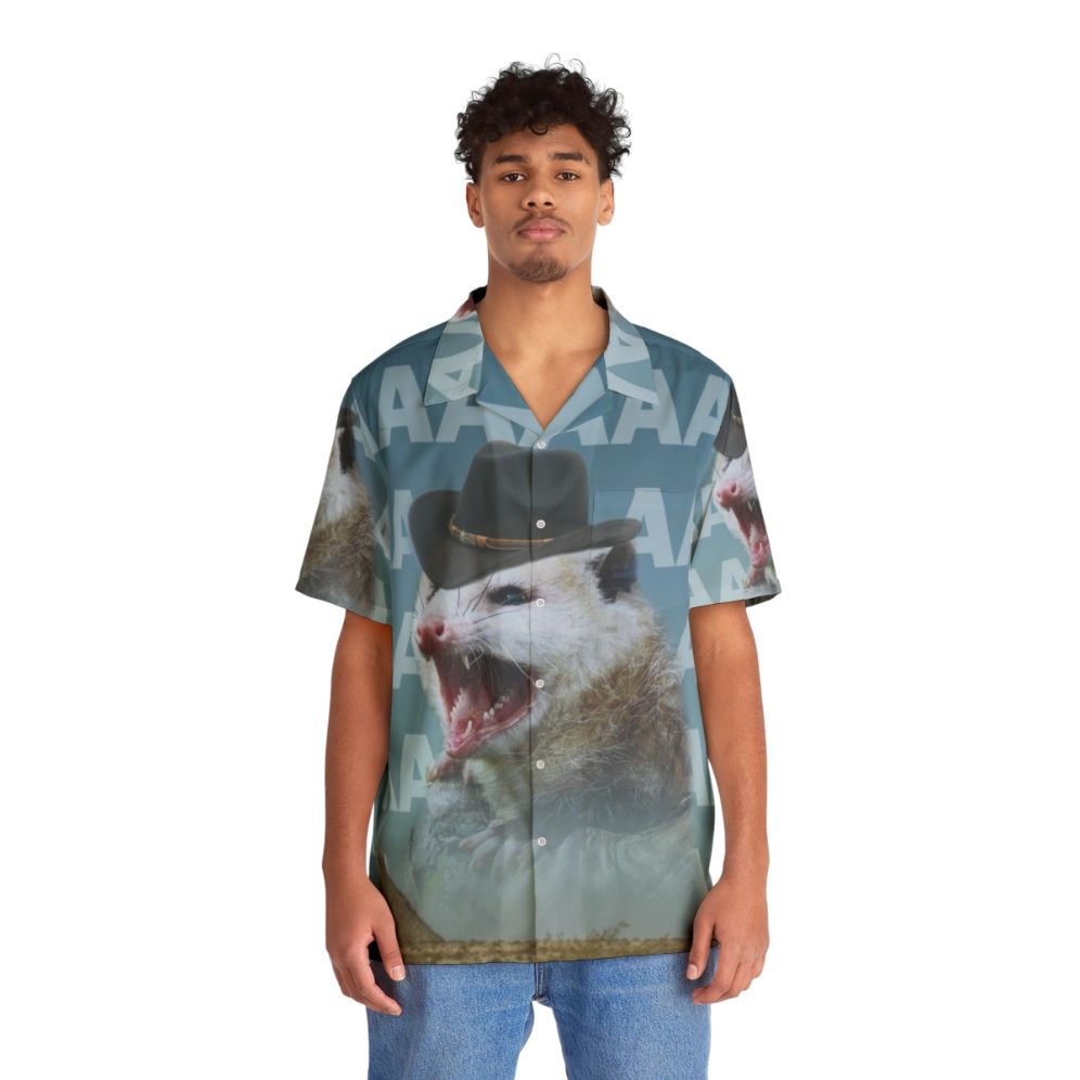 Retro Screaming Cowboy Possum Hawaiian Shirt - People Front