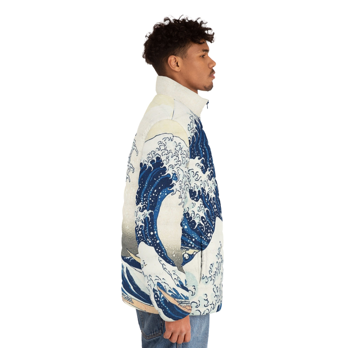 Kanagawa Wave Japanese Wave Puffer Jacket featuring the iconic Hokusai wave artwork - men side right