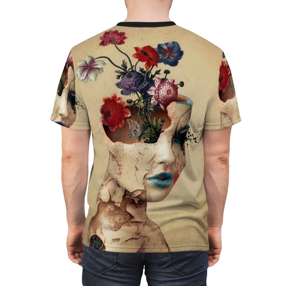 Vintage floral digital art design featuring a woman, flowers, and a butterfly on a t-shirt. - men back