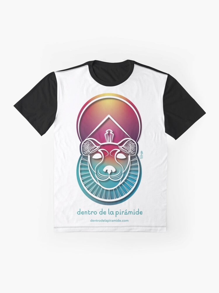 Retro design graphic t-shirt featuring the iconic image of Tutankhamun, the ancient Egyptian pharaoh. - Flat lay