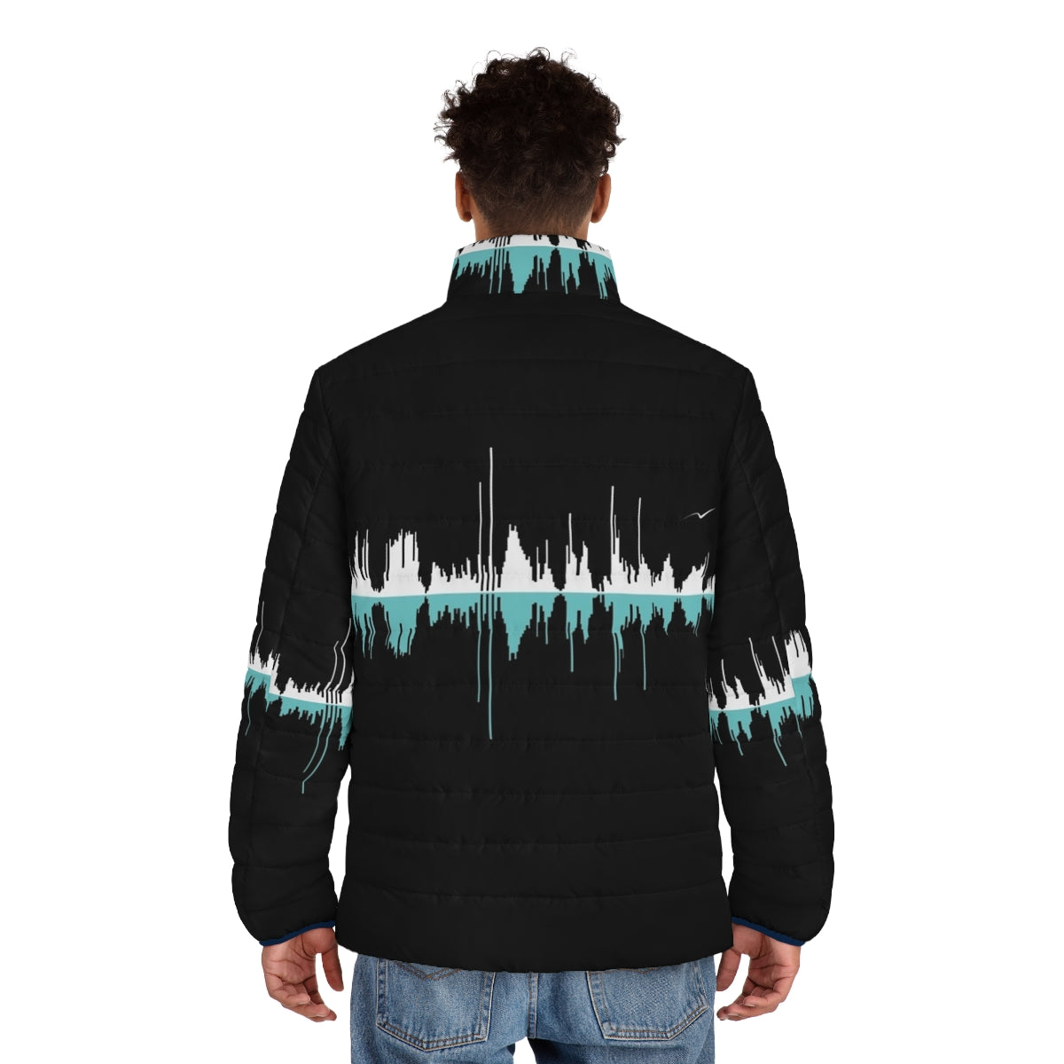 Black puffer jacket with white soundwave and city graphics - men back