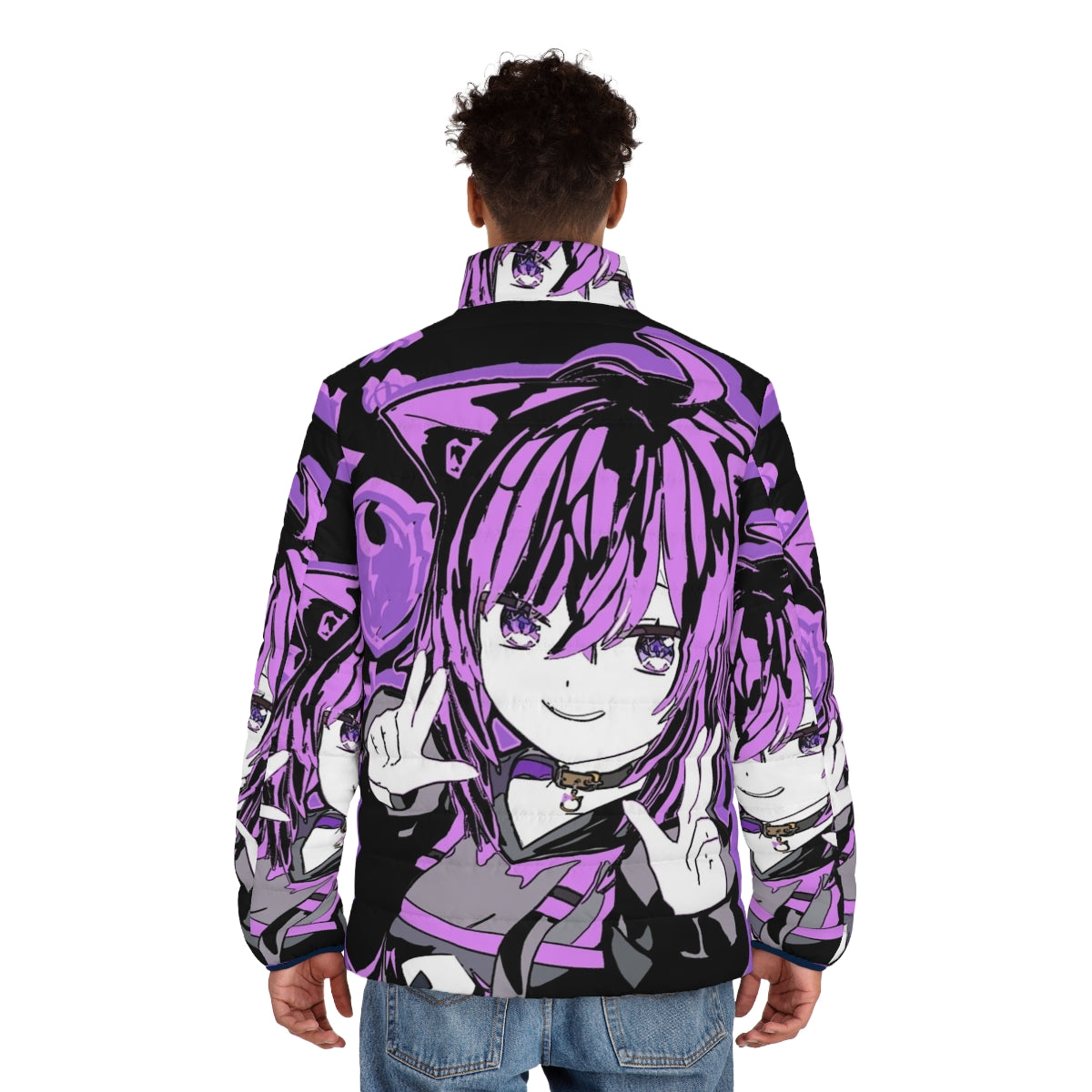 Hololive Gamers Nekomata Okayu Puffer Jacket featuring a cute catgirl design - men back