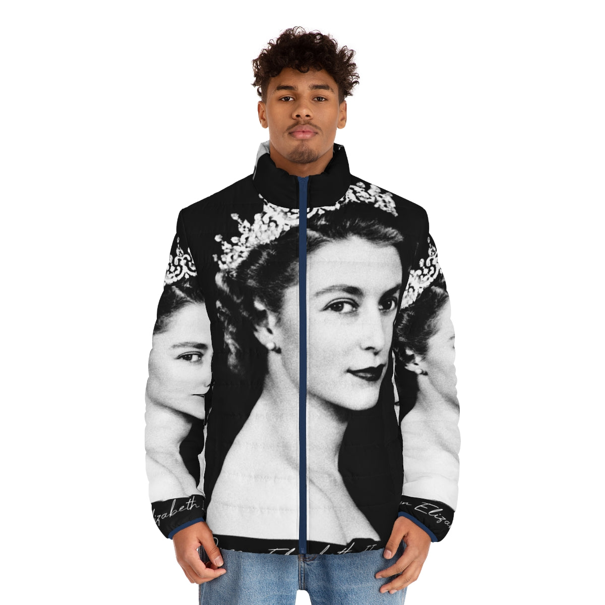 Vintage puffer jacket featuring a young Queen Elizabeth II - men front