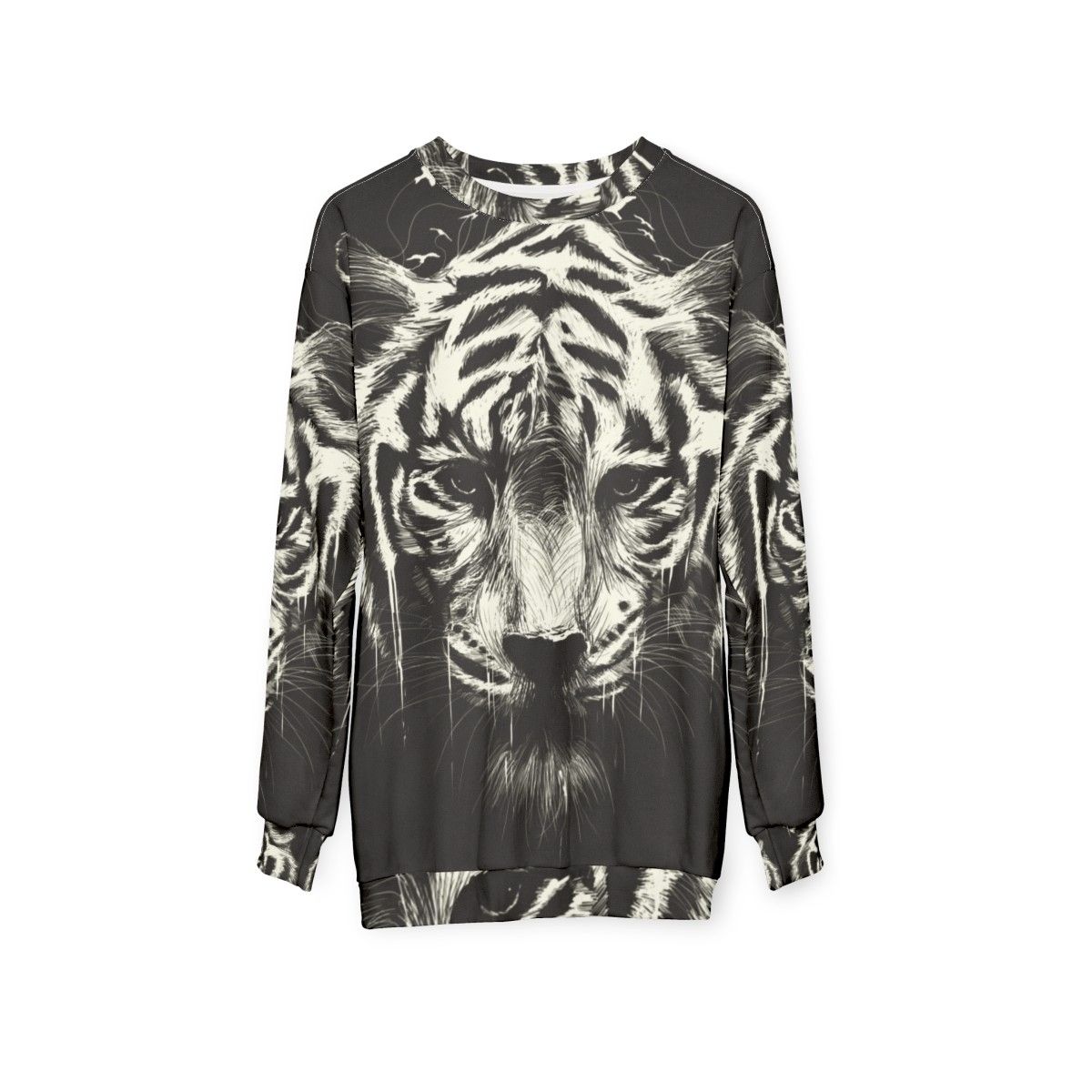 Interconnected sweatshirt with surreal, photorealistic tiger and bird graphics - hanging