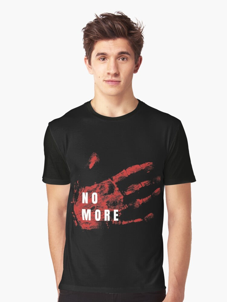 T-shirt design featuring text "No More Stolen Sisters" and a red hand symbol to raise awareness for missing and murdered indigenous women. - Men