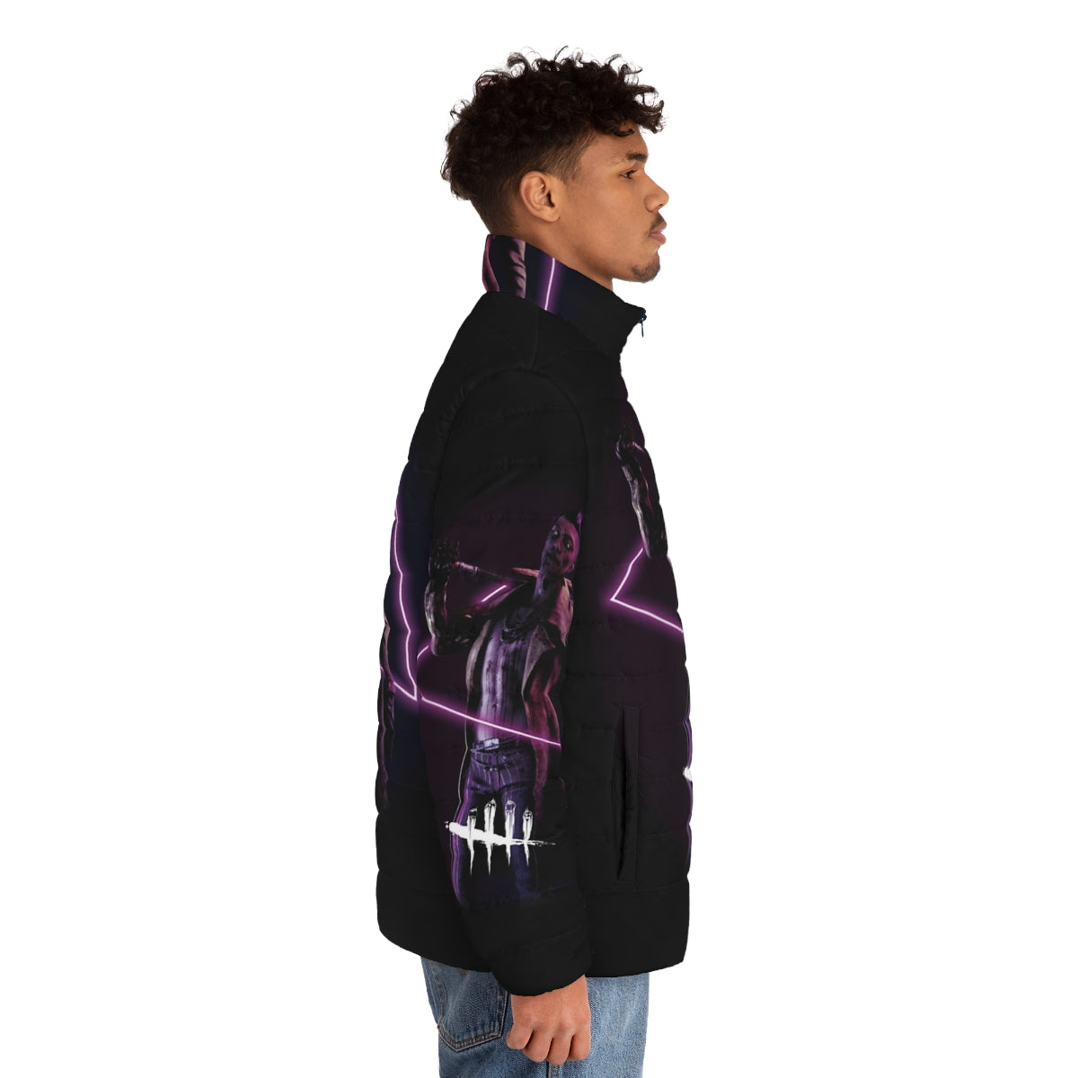 Dark neon puffer jacket with Trickster inspired design, perfect for deadbydaylight fans and gamers - men side right