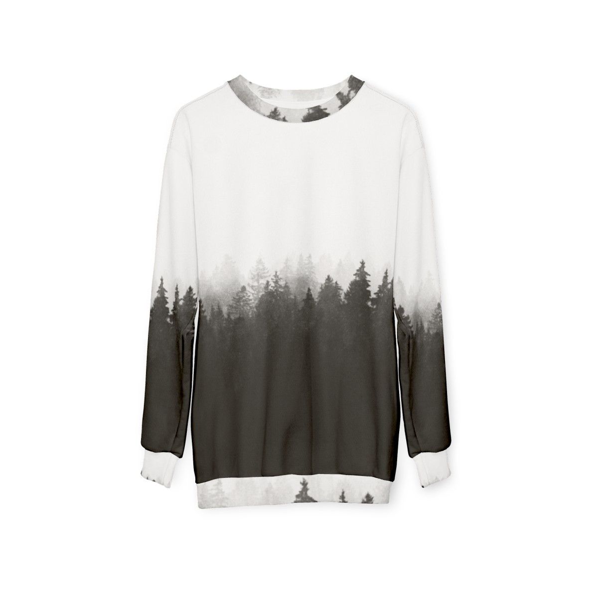 A person hiking in a foggy, forested landscape wearing a nature-inspired sweatshirt - hanging