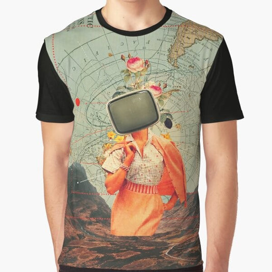 Vintage collage graphic t-shirt featuring a surreal landscape design with mountains, nature, and a retro woman.