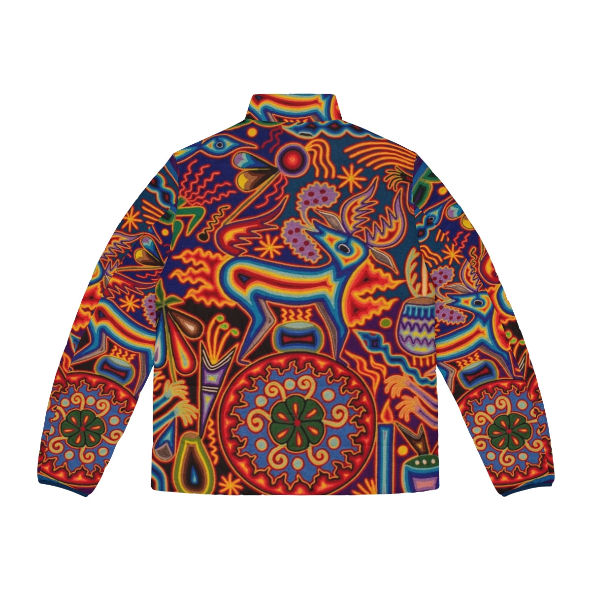 Colorful Huichol puffer jacket with abstract floral and skull designs - Back