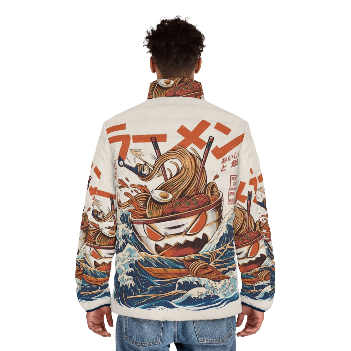 Puffer jacket featuring a vintage Japanese-style illustration of a kaiju monster emerging from a bowl of ramen noodles - men back