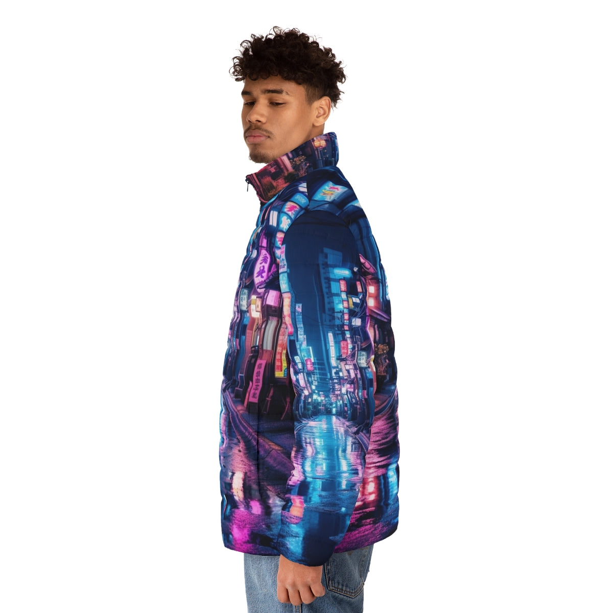 Tokyo neon puffer jacket featuring a cyberpunk-inspired design with bright lights and urban cityscape - men side left