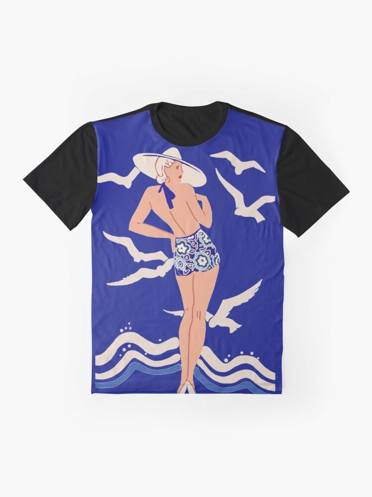 Vintage graphic summer t-shirt with 1940s/1950s inspired beach and seaside design - Flat lay